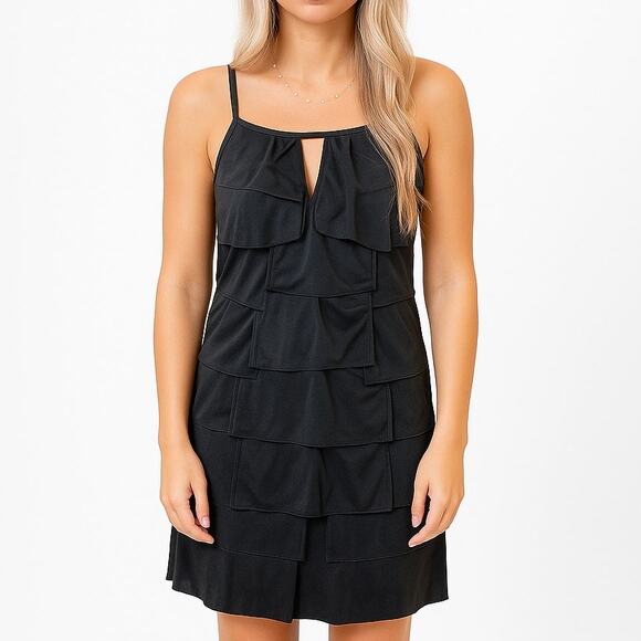 00s Vintage BCBGMAXAZRIA Black Tiered Spaghetti Strap Mini Cocktail Dress - Picture 1 of 11